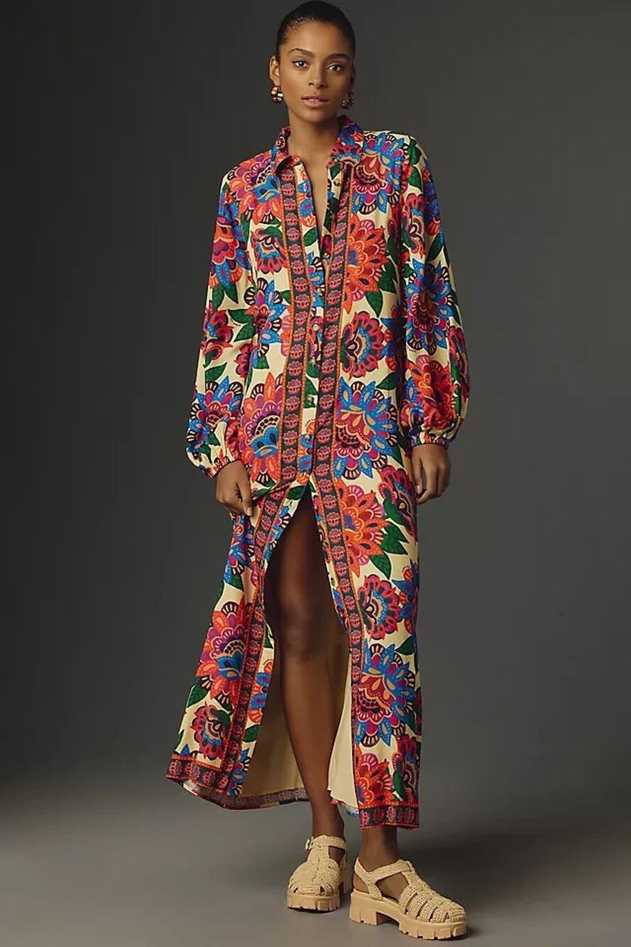 Anthropologie by Farm Rio Long-Sleeve Button-Front Multicolor Midi Dress Sz XS